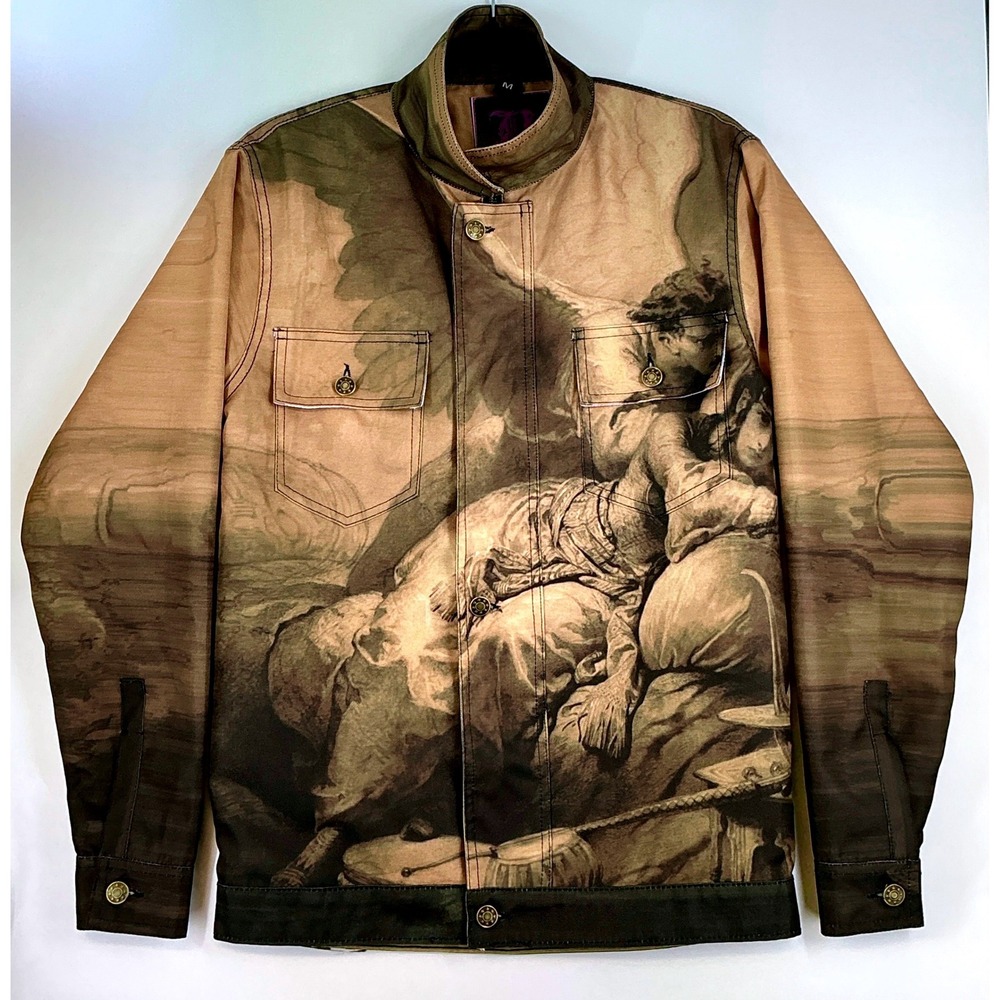 Retired She Luvs Me, She Luvs Me Not Graphic Print Jacket Size M Tan Brown Artsy